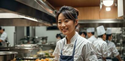 ai gegenereerd gelukkig Aziatisch vrouw koken in restaurant keuken foto