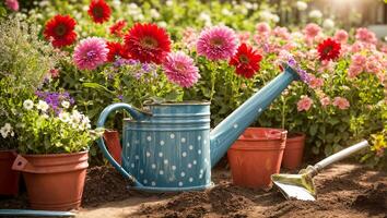 ai gegenereerd gekleurde gieter kan met bloemen in de zomer tuin foto