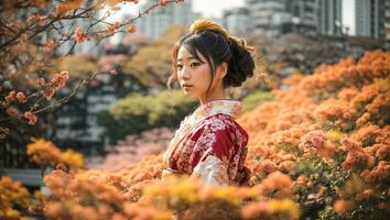 ai gegenereerd portret van een mooi Japans meisje, bloem foto