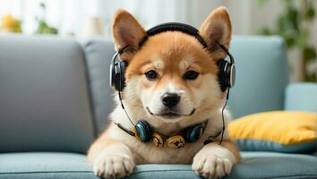 ai gegenereerd schattig akita inu hond vervelend hoofdtelefoons in de kamer foto