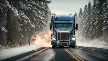 ai gegenereerd vrachtauto het rijden langs een besneeuwd weg gedurende de dag foto