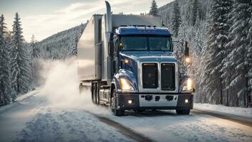 ai gegenereerd vrachtauto het rijden langs een besneeuwd weg gedurende de dag foto