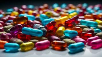 ai gegenereerd gekleurde farmaceutisch capsules achtergrond foto