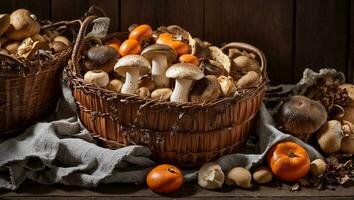 ai gegenereerd vers champignons in een mand Aan een oud achtergrond foto