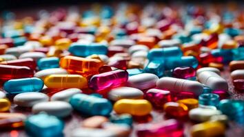 ai gegenereerd gekleurde farmaceutisch capsules achtergrond foto