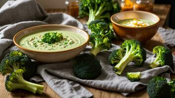 ai gegenereerd smakelijk room van broccoli soep Aan de tafel foto