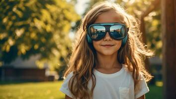 ai gegenereerd meisje in virtueel realiteit bril Aan de straten in zomer foto