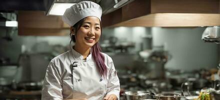 ai gegenereerd gelukkig Aziatisch vrouw koken in restaurant keuken foto