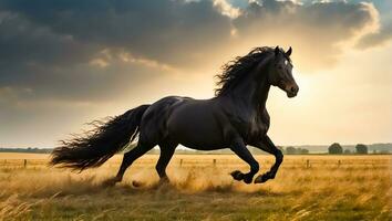 ai gegenereerd mooi donker paard loopt in natuur foto