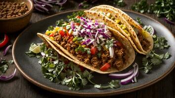ai gegenereerd heerlijk smakelijk taco met vlees en ui Aan oud achtergrond foto
