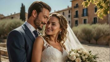 ai gegenereerd portret van een gelukkig pasgetrouwde paar Aan de zomer straat foto