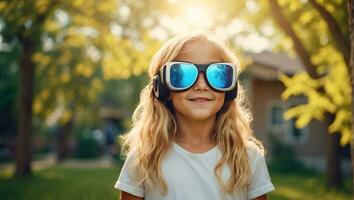 ai gegenereerd meisje in virtueel realiteit bril Aan de straten in zomer foto