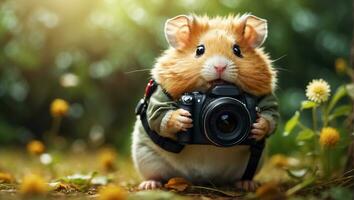 ai gegenereerd schattig grappig hamster met een camera in de park foto