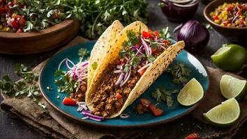 ai gegenereerd heerlijk smakelijk taco met vlees en ui Aan oud achtergrond foto