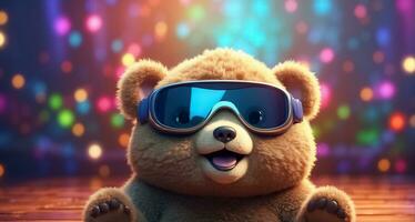 ai gegenereerd schattig speelgoed- beer in zonnebril foto