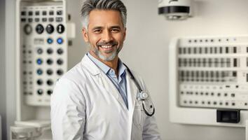 ai gegenereerd portret van een glimlachen mannetje dokter foto