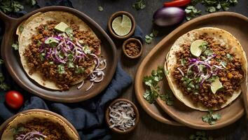 ai gegenereerd heerlijk smakelijk taco met vlees en ui Aan oud achtergrond foto