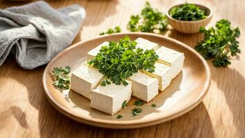 ai gegenereerd vers tofu kaas met peterselie in de keuken foto