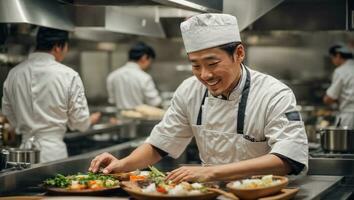 ai gegenereerd gelukkig Aziatisch mannetje koken in keuken foto