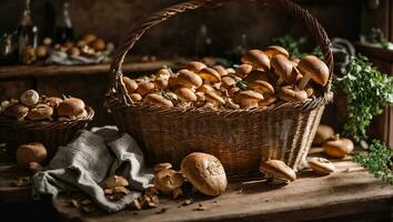 ai gegenereerd vers champignons in een mand Aan een oud achtergrond foto