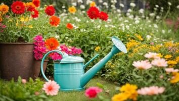 ai gegenereerd gekleurde gieter kan met bloemen in de zomer tuin foto