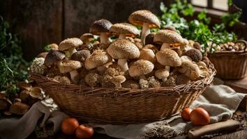 ai gegenereerd vers champignons in een mand Aan een oud achtergrond foto