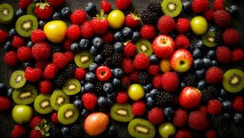 ai gegenereerd divers fruit en bessen Aan een donker achtergrond foto