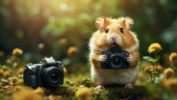 ai gegenereerd schattig grappig hamster met een camera in de park foto