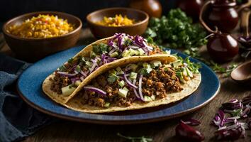 ai gegenereerd heerlijk smakelijk taco met vlees en ui Aan oud achtergrond foto