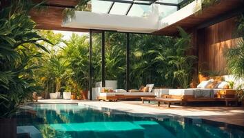 ai gegenereerd slaapkamer met zwembad, tropisch planten foto