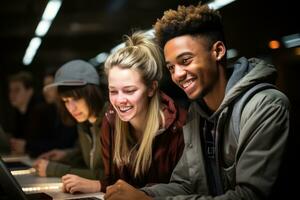 ai gegenereerd vier studenten Bij een tafel op zoek Bij een laptop aan het studeren samen verkennen informatie voor een school- projecteren, leerzaam foto