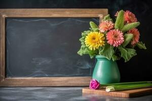 ai gegenereerd levendig bloemen bloeien Aan een groen schoolbord in een dichtbij omhoog schot, verschillend onderwijs en leraren dag beeld foto
