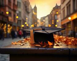 ai gegenereerd een diploma uitreiking pet zit allemaal alleen Aan een tafel in de stil stad straat, leerzaam afbeelding foto