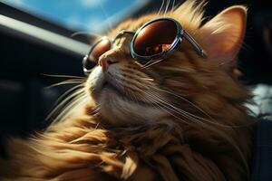 ai gegenereerd zonnebril vervelend kat chillen Aan een strand stoel genieten van een zonnig dag door de oever, huisdier fotografie foto