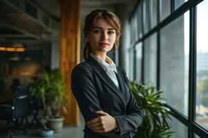 ai gegenereerd een professioneel vrouw in een pak vol vertrouwen schudt handen in de kantoor, professioneel bedrijf vergadering beeld foto