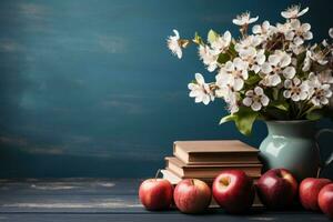 ai gegenereerd vieren leraar dag een schoolbord versierd met bloemen uitdrukken dankbaarheid voor opvoeders en hun essentieel rol in vormgeven jong geesten, leerzaam foto