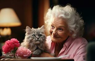 ai gegenereerd aanhankelijk senior vrouw strelen een grijs kat, huisdier fotografie foto