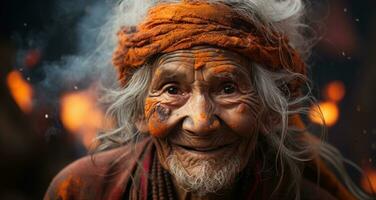 ai gegenereerd oud vrouw geschilderd in levendig kleur poeder, holi festival afbeeldingen hd foto