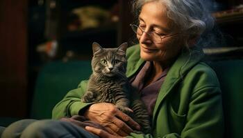 ai gegenereerd grijs kat genesteld Aan de ronde van een oud vrouw genieten van een inschrijving moment van aanhankelijk aaien, huisdier fotografie foto