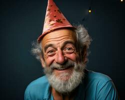 ai gegenereerd senior Mens poses in partij hoed Aan blauw, actief senioren levensstijl afbeeldingen foto