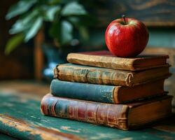 ai gegenereerd stapels van boeken Aan groen achtergrond met een rood appel neergestreken Aan bovenkant, verschillend onderwijs en leraren dag beeld foto