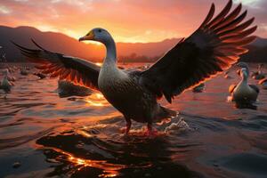 ai gegenereerd tientallen van ganzen stijgend aan de overkant de lucht, mooi zonsopkomst beeld foto