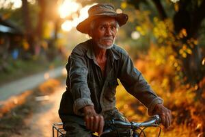 ai gegenereerd oud Mens genieten van een fiets rijden, actief senioren levensstijl afbeeldingen foto