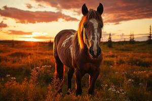 ai gegenereerd ochtend- grazen paard in weide onder vurig zonsopkomst, mooi zonsopkomst beeld foto