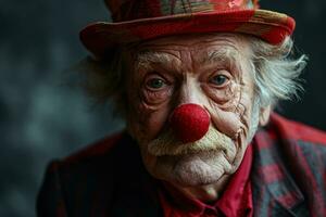 ai gegenereerd grappig opa gekleed net zo een kleurrijk clown, actief senioren levensstijl afbeeldingen foto