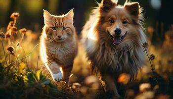 ai gegenereerd speels hond en kat rennen samen in de gras, huisdier fotografie foto