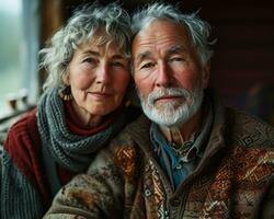 ai gegenereerd grootmoeder en opa ontspannende samen Aan de bank, verschillend actief senioren afbeeldingen foto