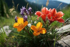 ai gegenereerd wilde bloemen Doorzichtig streams en robuust pieken in de rotsachtig bergen, natuur behoud foto's foto