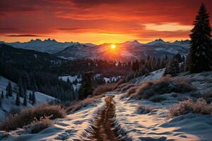 ai gegenereerd besneeuwd zonsondergang silhouet bergen en bomen, mooi zonsopkomst beeld foto