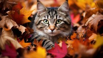 ai gegenereerd foto van een kat genesteld tussen kleurrijk herfst bladeren. generatief ai